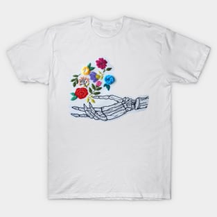 Embroidery of skeletal hand catching flowers T-Shirt